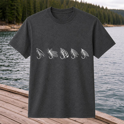 Five Fly Fishing Lures Minimalist Line Art T-Shirt