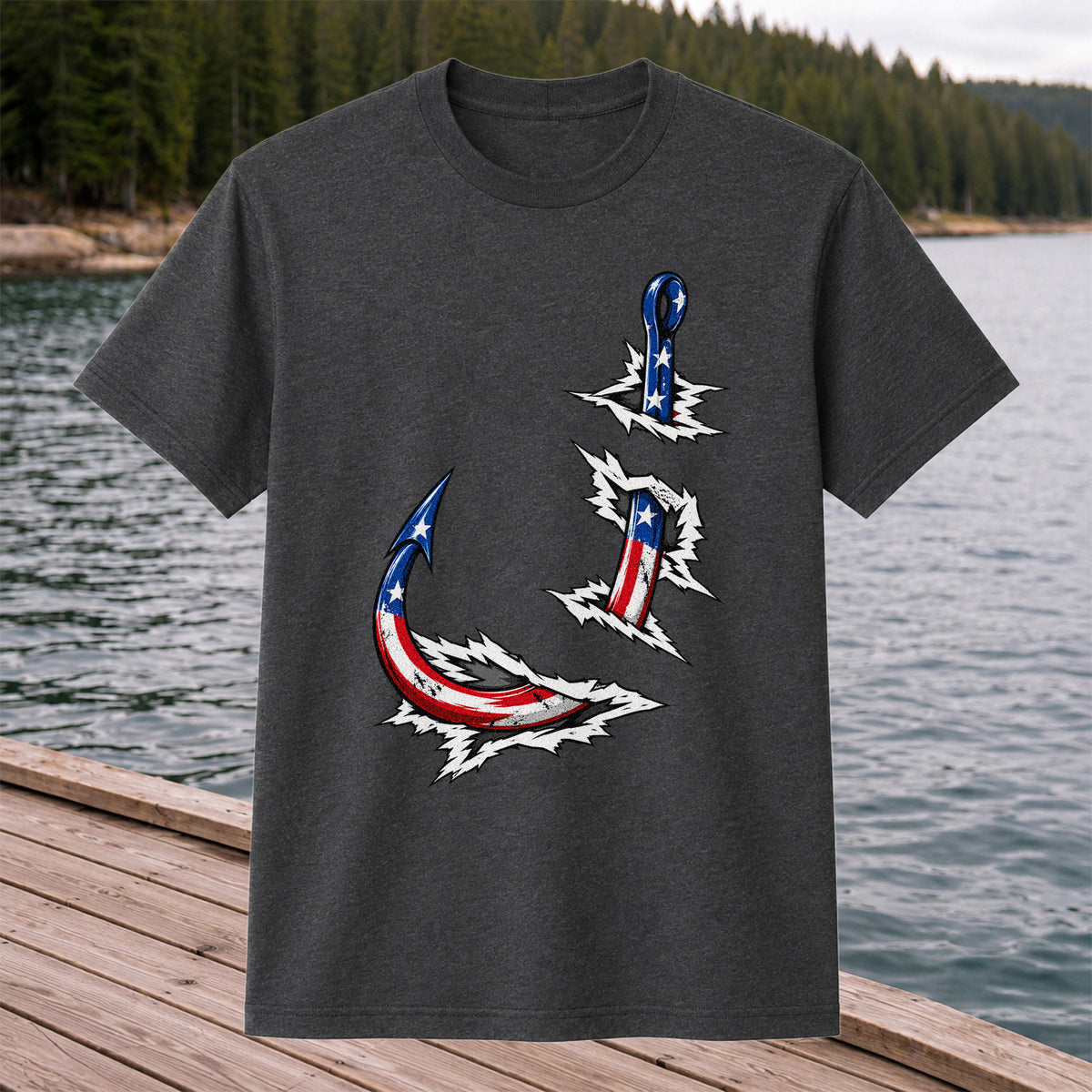 Patriotic American Flag Fishing Hooks Graphic T-Shirt