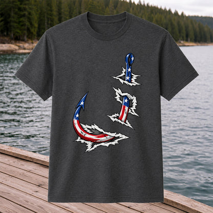 Patriotic American Flag Fishing Hooks Graphic T-Shirt