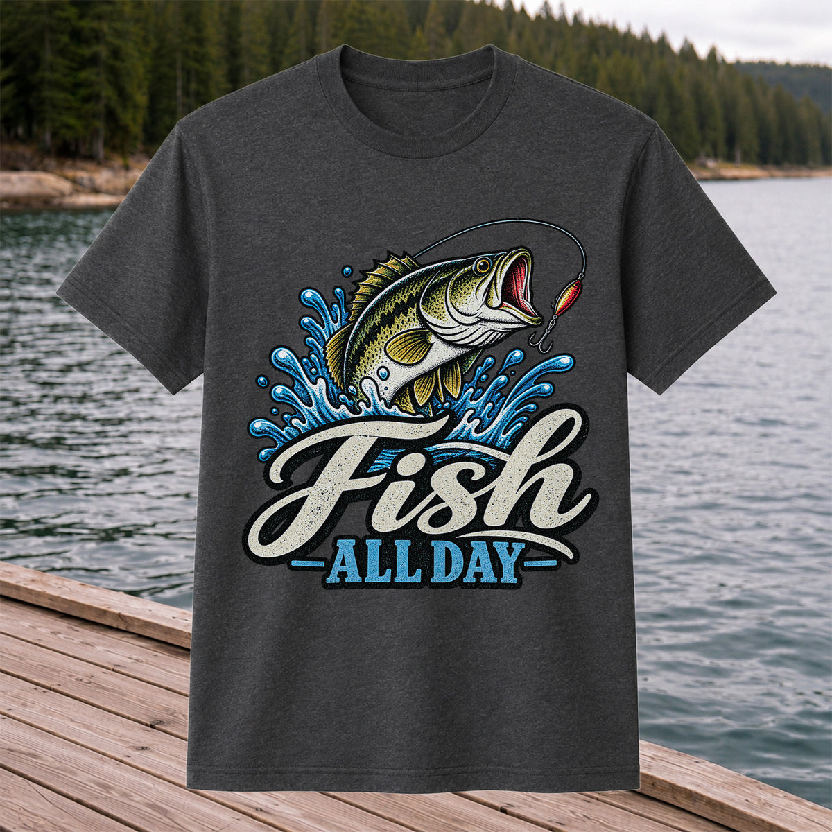 Fish All Day Jumping Bass Fishing Graphic T-Shirt