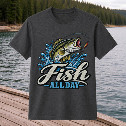 Fish All Day Jumping Bass Fishing Graphic T-Shirt