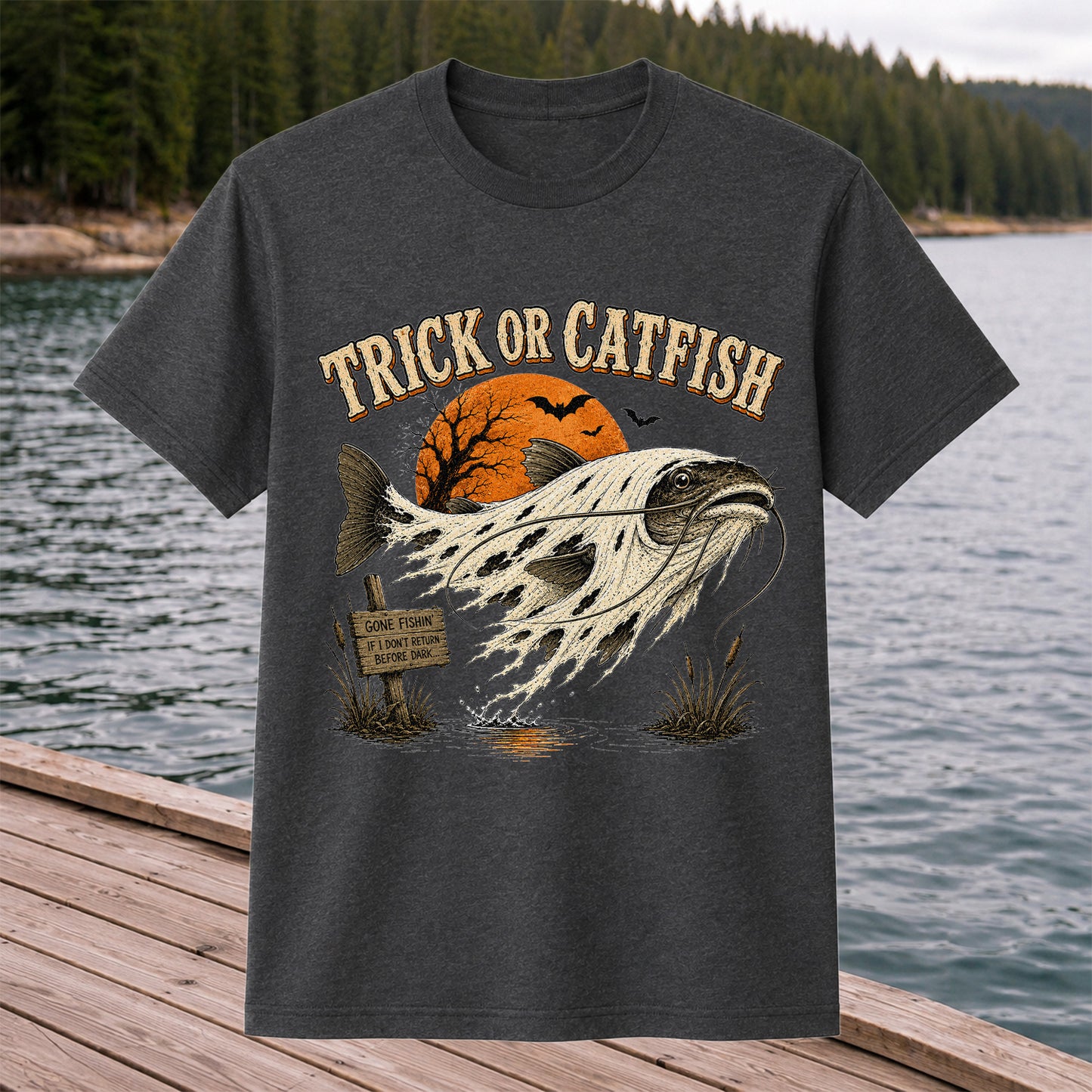 Trick or Catfish Halloween Fishing T-Shirt, Vintage Trout Angler Tee
