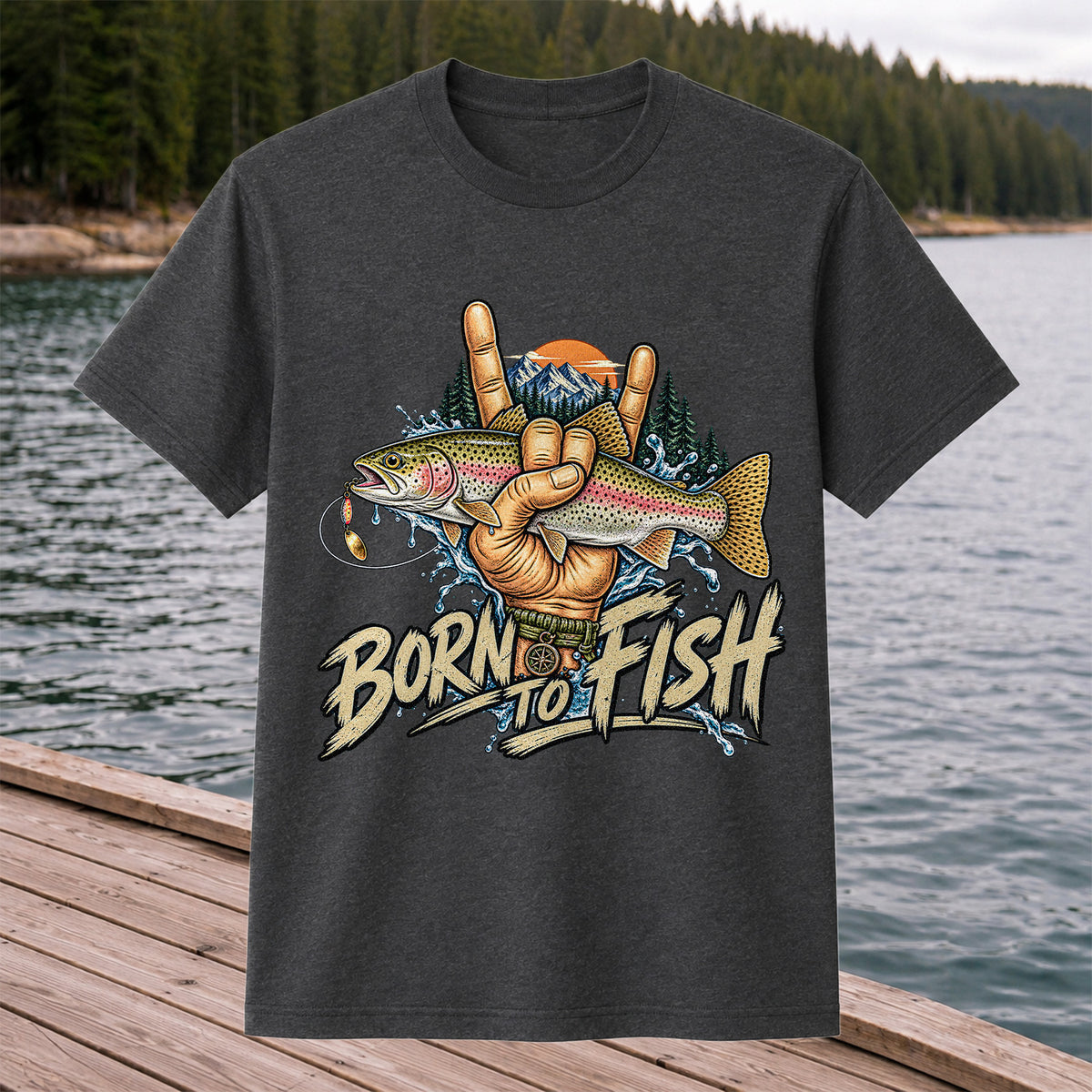 Born to Fish Rainbow Trout Rock Hand Sign Fishing T-Shirt