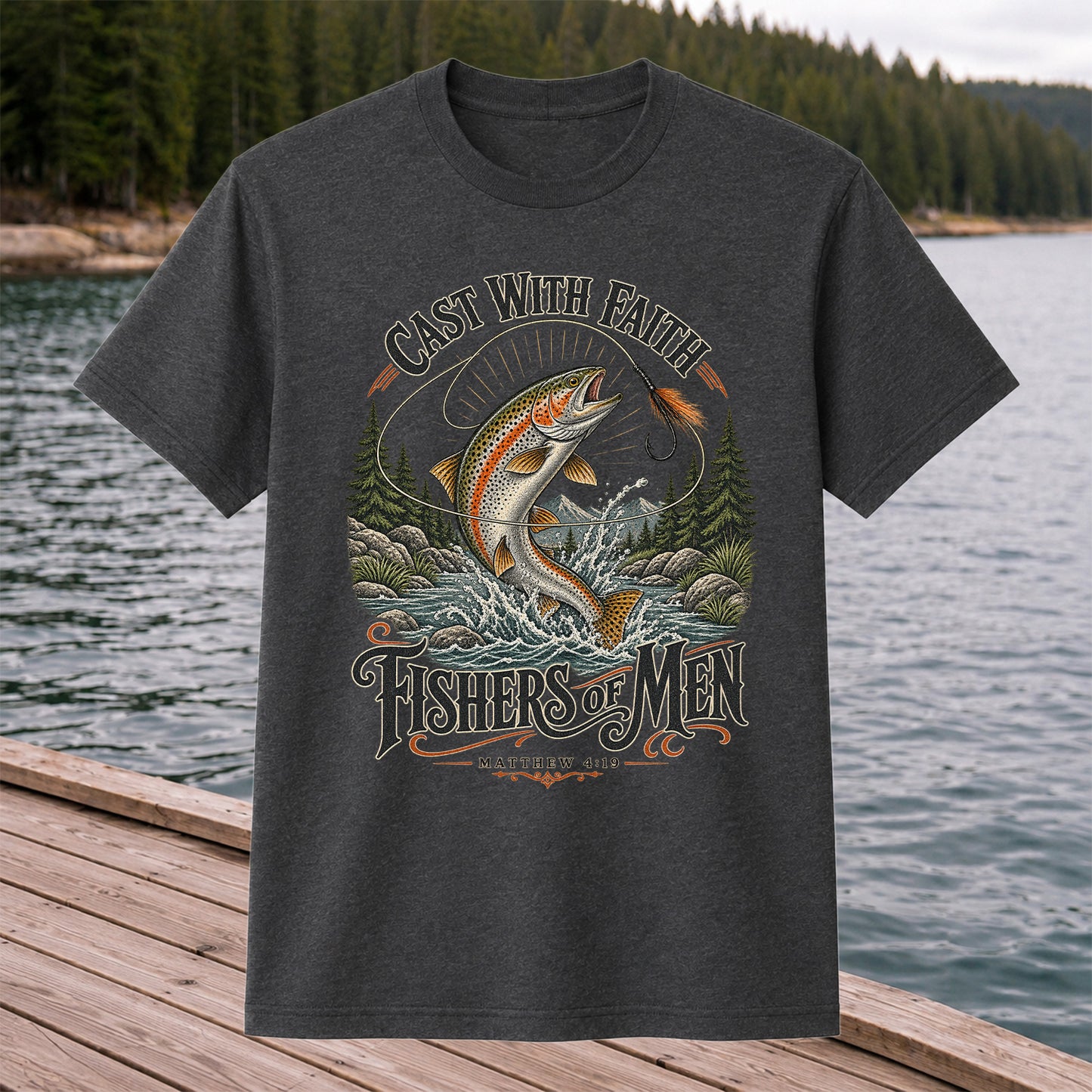 Cast with Faith Fishers of Men Matthew 4:19 Trout Fishing T-Shirt