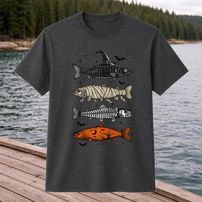 Halloween Witch Mummy Skeleton and Pumpkin Fish Graphic T-Shirt