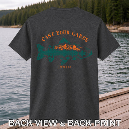 Cast Your Cares 1 Peter 5:7 Fish Silhouette and Mountain Lake Fishing T-Shirt | Back Print