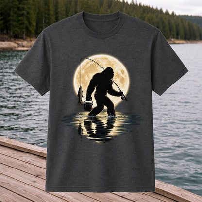 Bigfoot Fishing Under a Full Moon Graphic T-Shirt