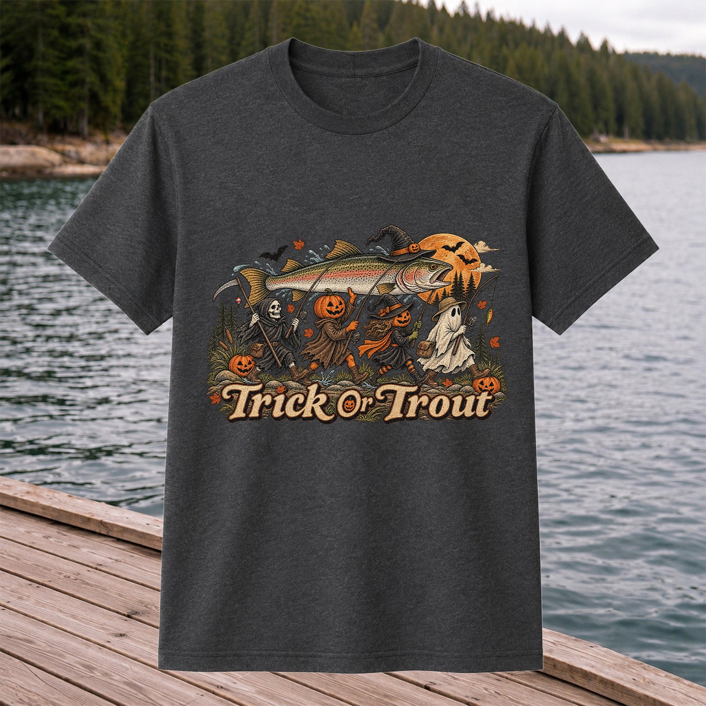 Trick or Trout Spooky Angler Parade Halloween Fishing T-Shirt