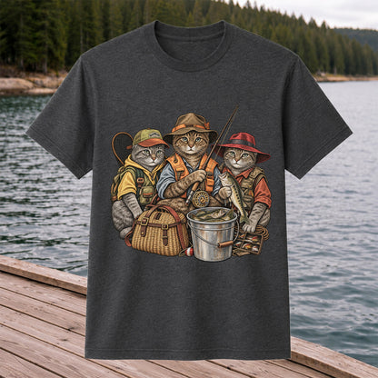 Three Fishing Cats with Rod and Catch Vintage Graphic T-Shirt