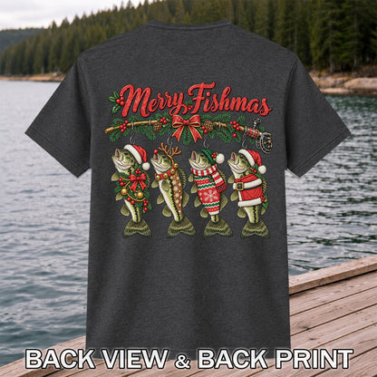 Merry Fishmas Christmas Bass Fishing Graphic T-Shirt | Back Print