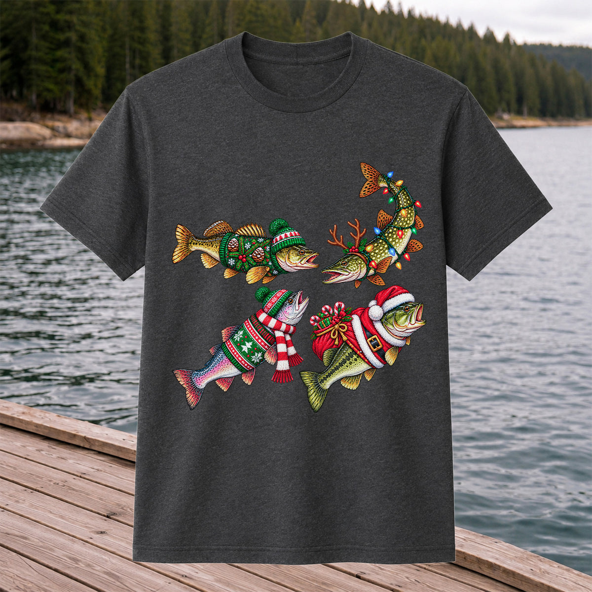 Festive Christmas Fish Wearing Holiday Sweaters Fishing T-Shirt