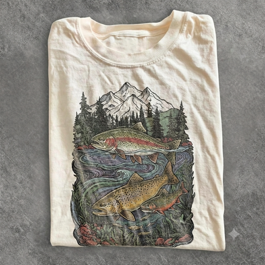 Retro Trout Fishing Mountain River Graphic Tee
