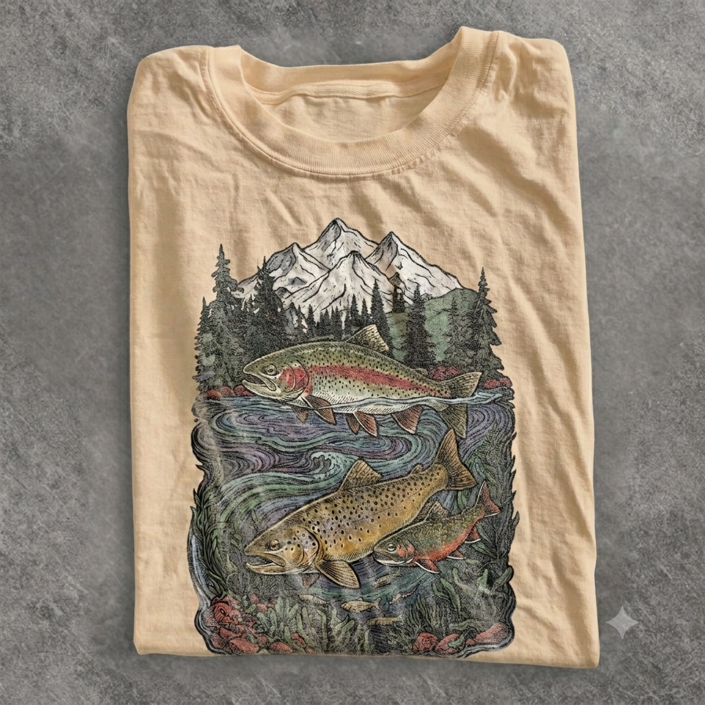 Retro Trout Fishing Mountain River Graphic Tee