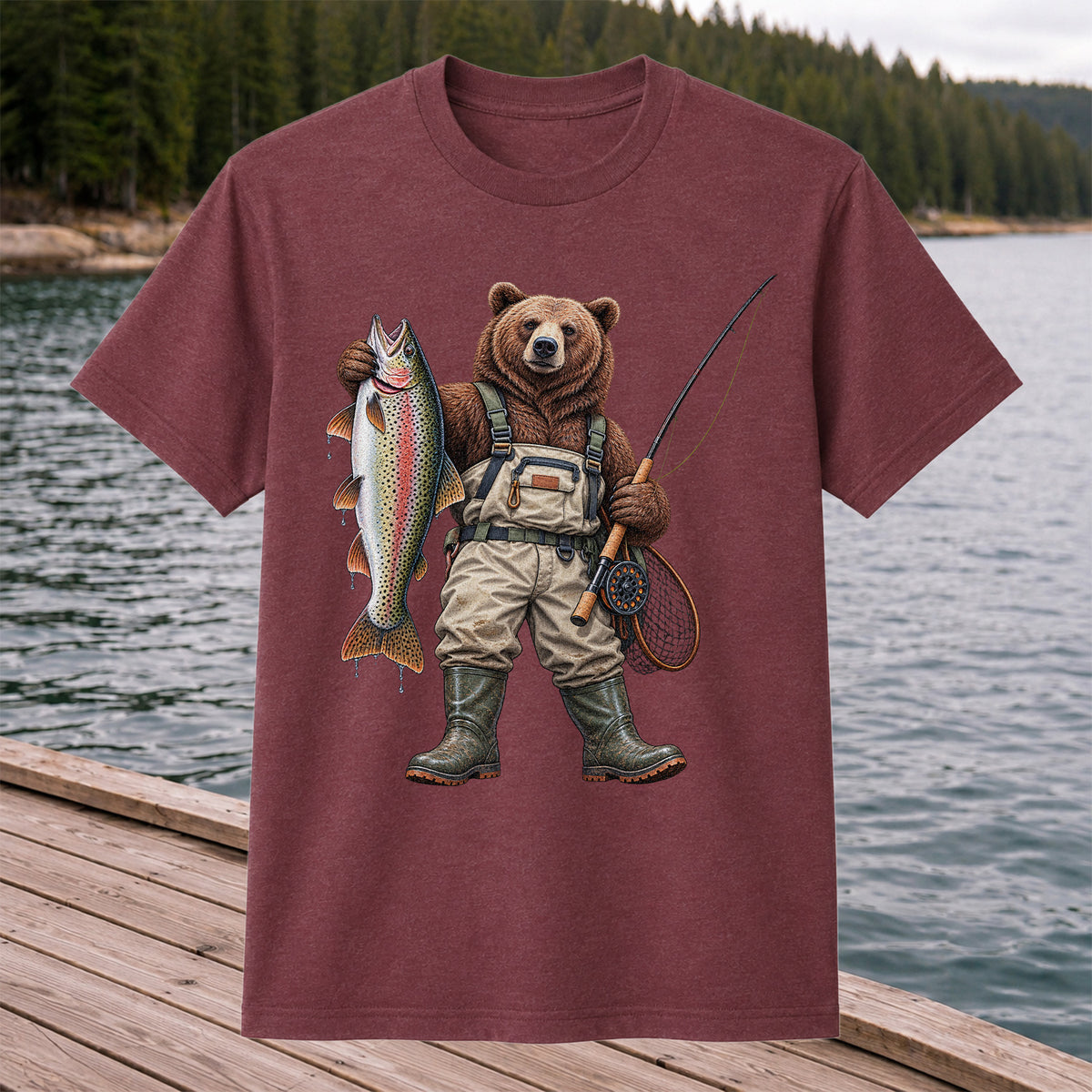 Bear Fishing with Rainbow Trout Outdoor Graphic T-Shirt