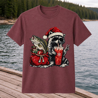 Santa Raccoon Sharing a Bass Christmas Fishing Graphic T-Shirt