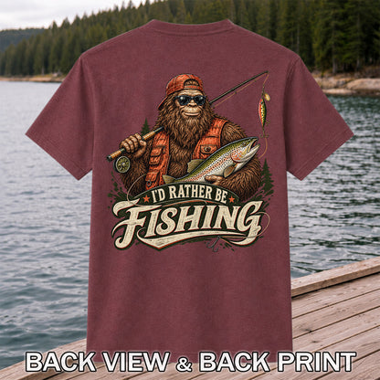 Bigfoot Holding Trout Funny Fishing Graphic T-Shirt | Back Print