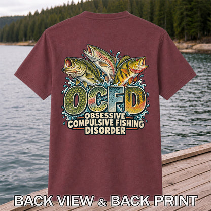 OCFD Obsessive Compulsive Fishing Disorder Bass and Trout T-Shirt | Back Print