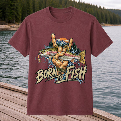 Born to Fish Rainbow Trout Rock Hand Sign Fishing T-Shirt