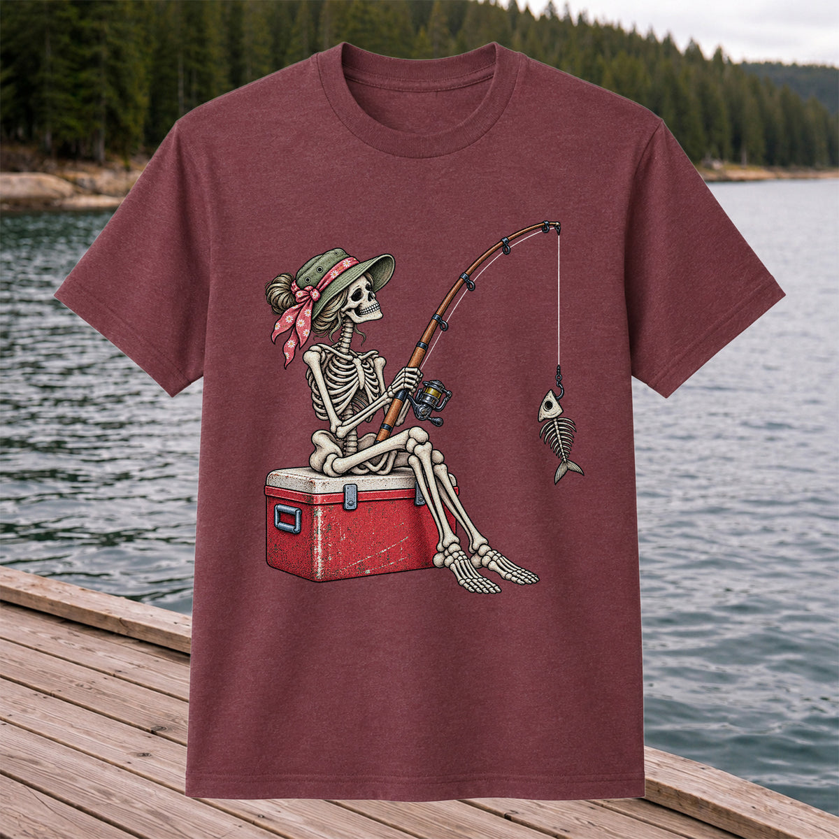 Skeleton Woman Fishing on a Cooler with Fish Bones Graphic T-Shirt