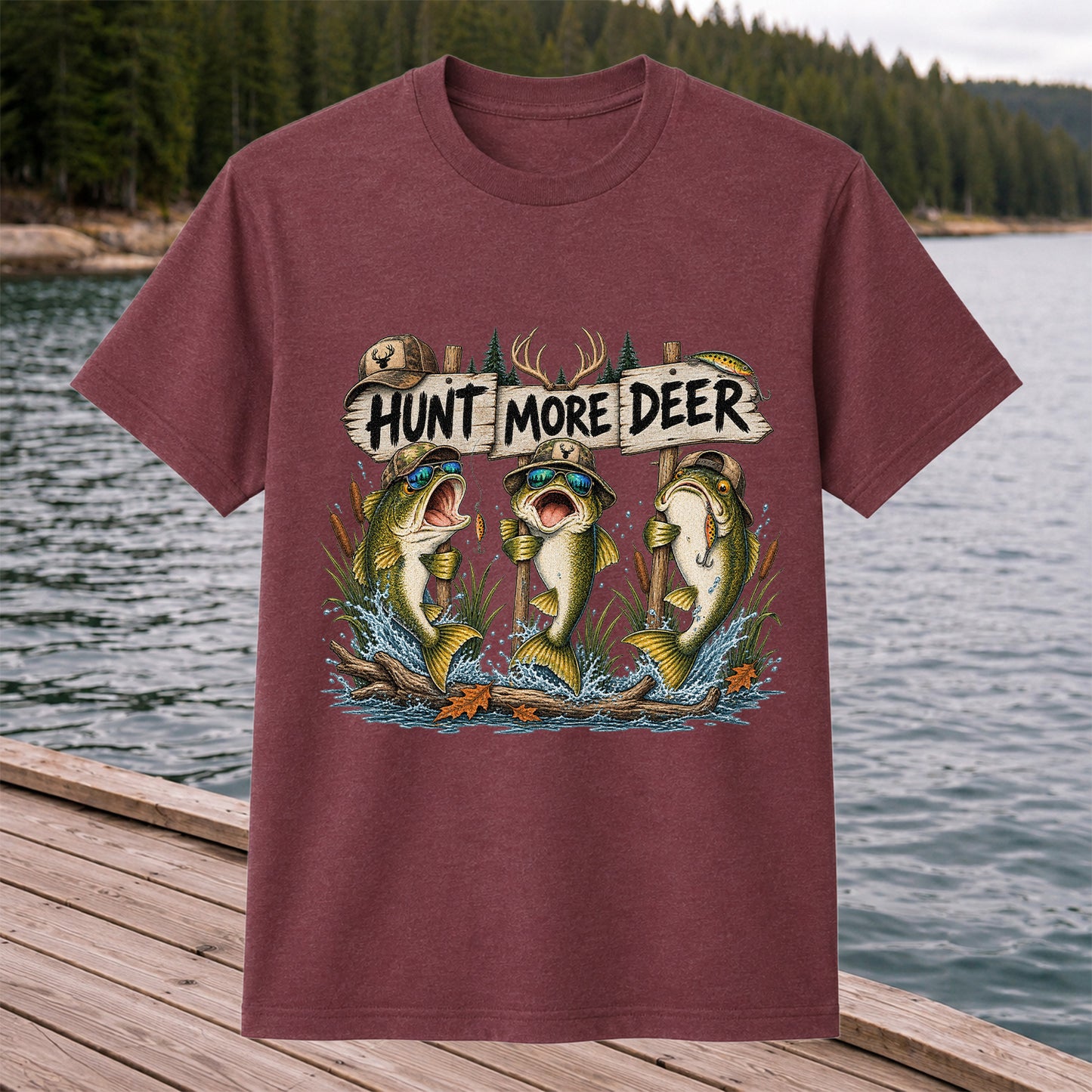 Hunt More Deer Funny Bass Fishing Graphic T-Shirt