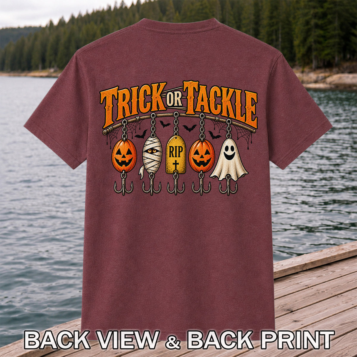 Trick or Tackle Pumpkin Ghost and Mummy Fishing Lures Halloween T-Shirt | Back Print