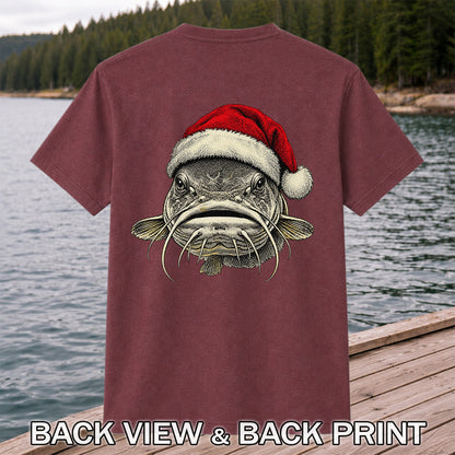 Christmas Catfish Santa Hat Holiday Fishing Graphic T-Shirt | Back Print