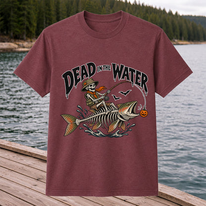 Dead in the Water Skeleton Riding a Trout Halloween Fishing T-Shirt