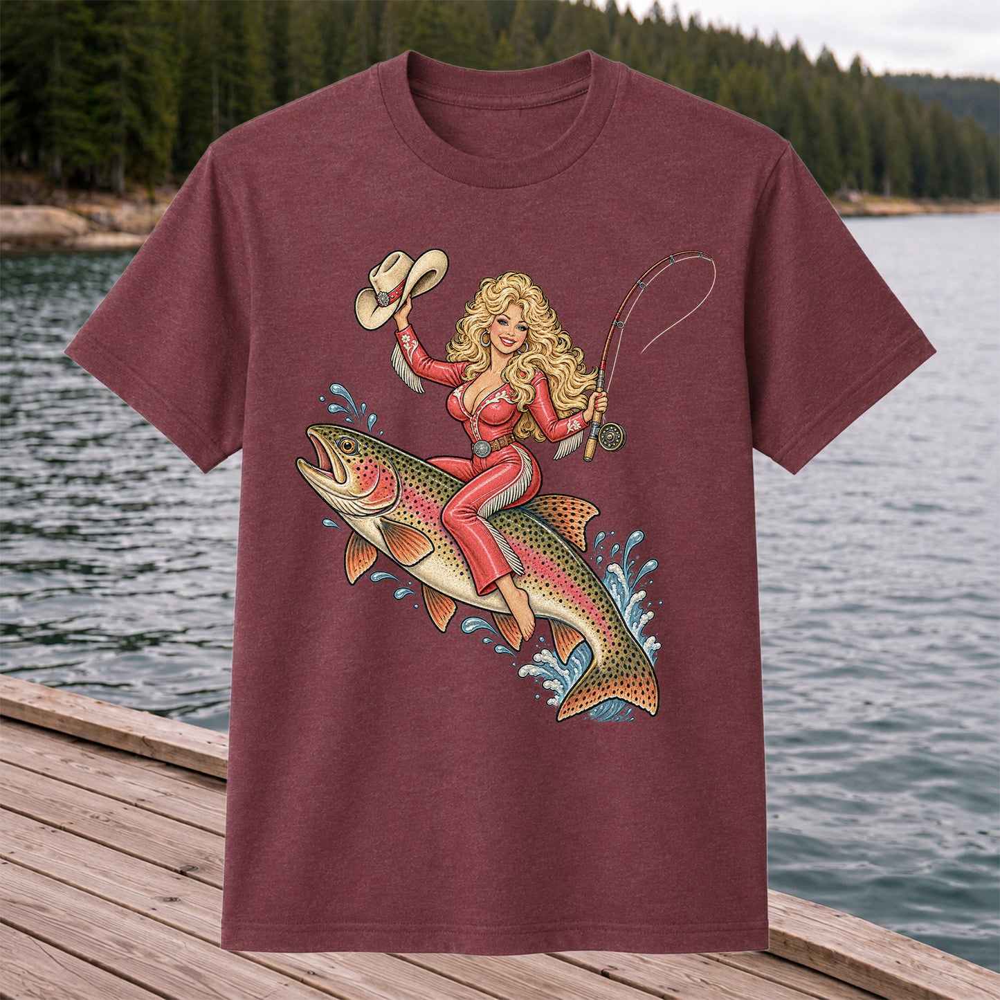 Cowgirl Riding a Rainbow Trout Western Fishing Graphic T-Shirt