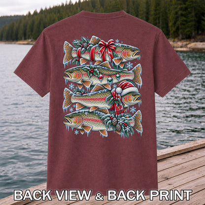Festive Rainbow Trout Christmas Fishing Graphic T-Shirt | Back Print