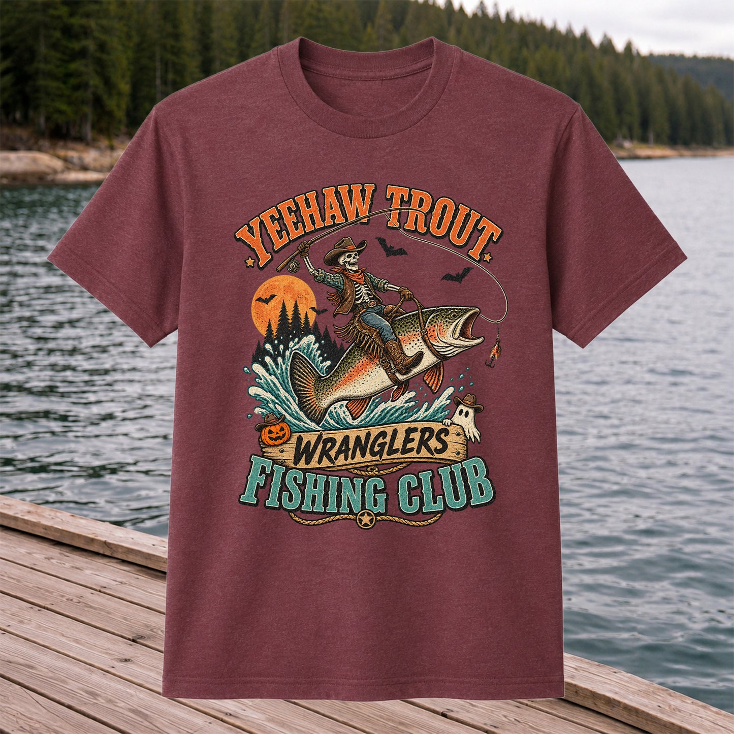 Yeehaw Trout Wranglers Fishing Club Halloween Skeleton Cowboy T-Shirt