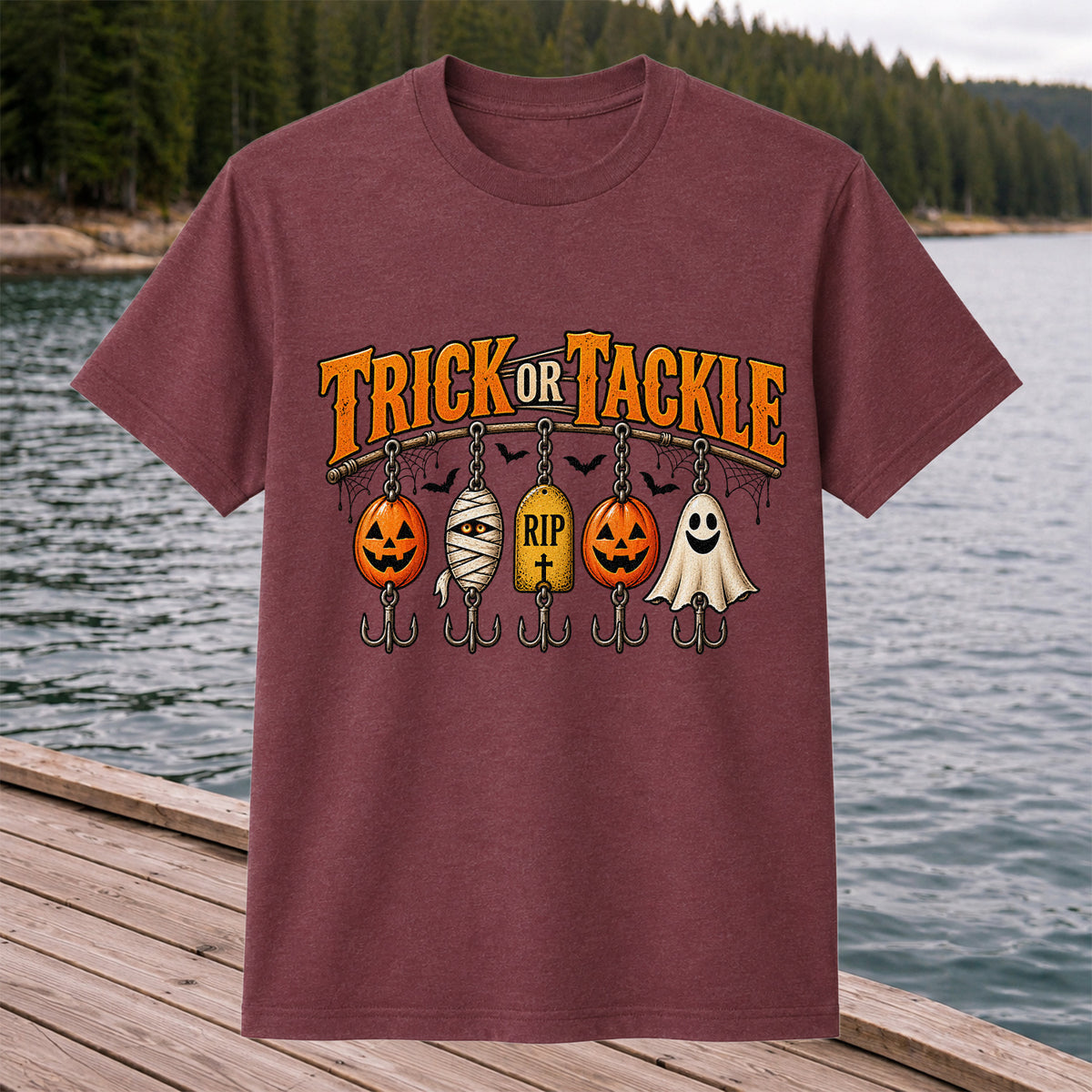 Trick or Tackle Pumpkin Ghost and Mummy Fishing Lures Halloween T-Shirt