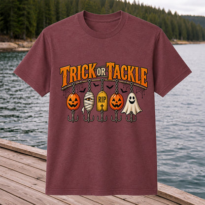 Trick or Tackle Pumpkin Ghost and Mummy Fishing Lures Halloween T-Shirt