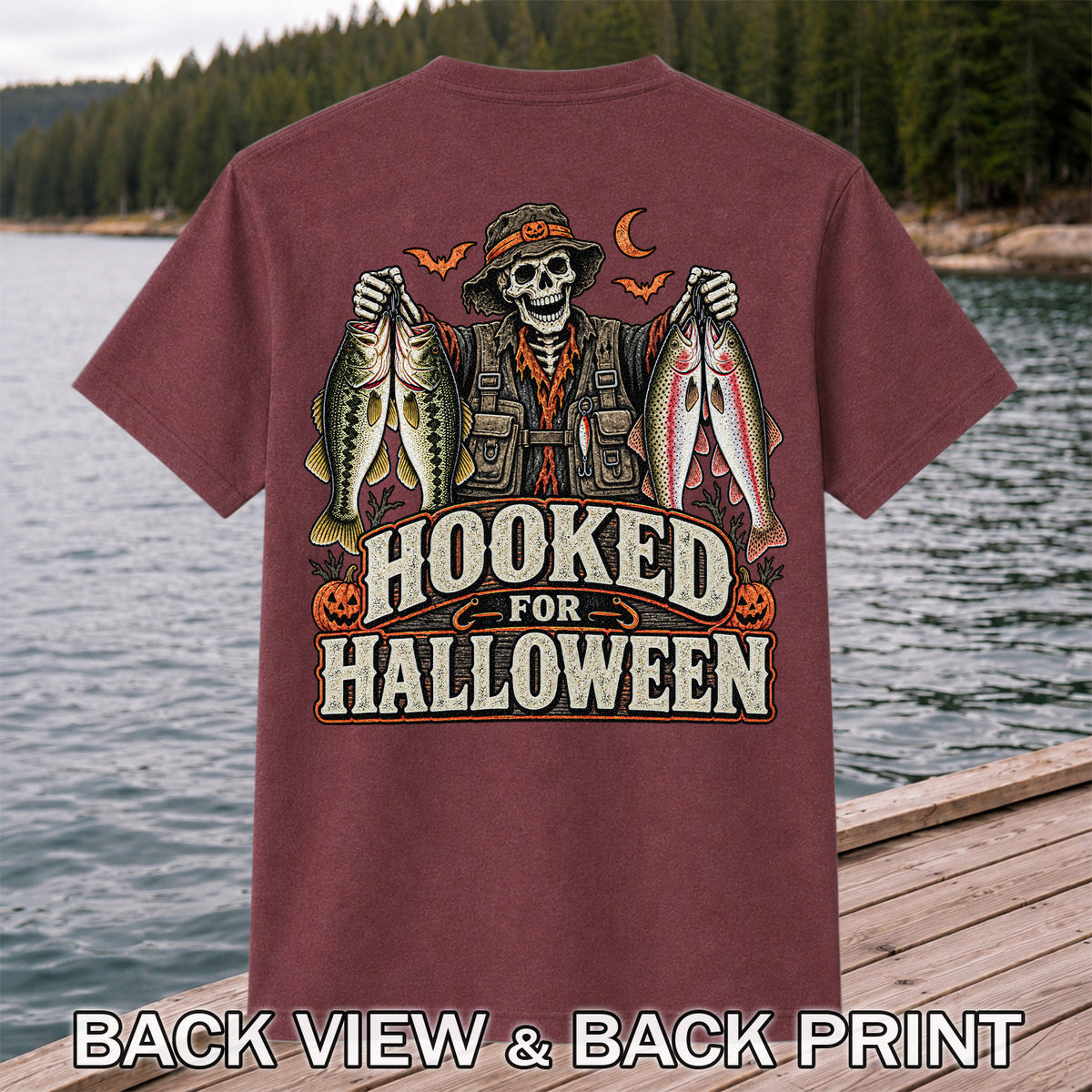 Hooked for Halloween Skeleton Angler with Bass and Trout Fishing T-Shirt | Back Print