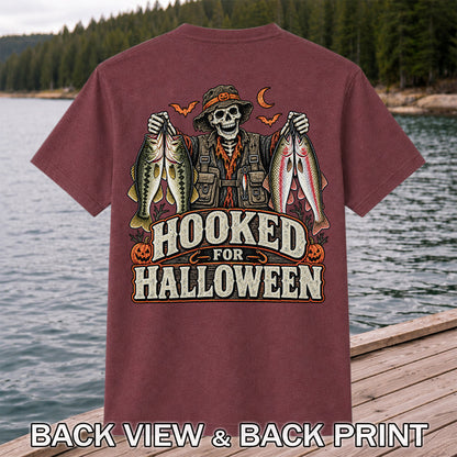 Hooked for Halloween Skeleton Angler with Bass and Trout Fishing T-Shirt | Back Print