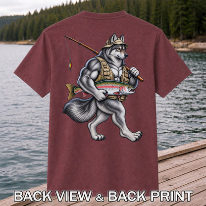 Wolf Angler Holding Rainbow Trout Fishing Graphic T-Shirt | Back Print