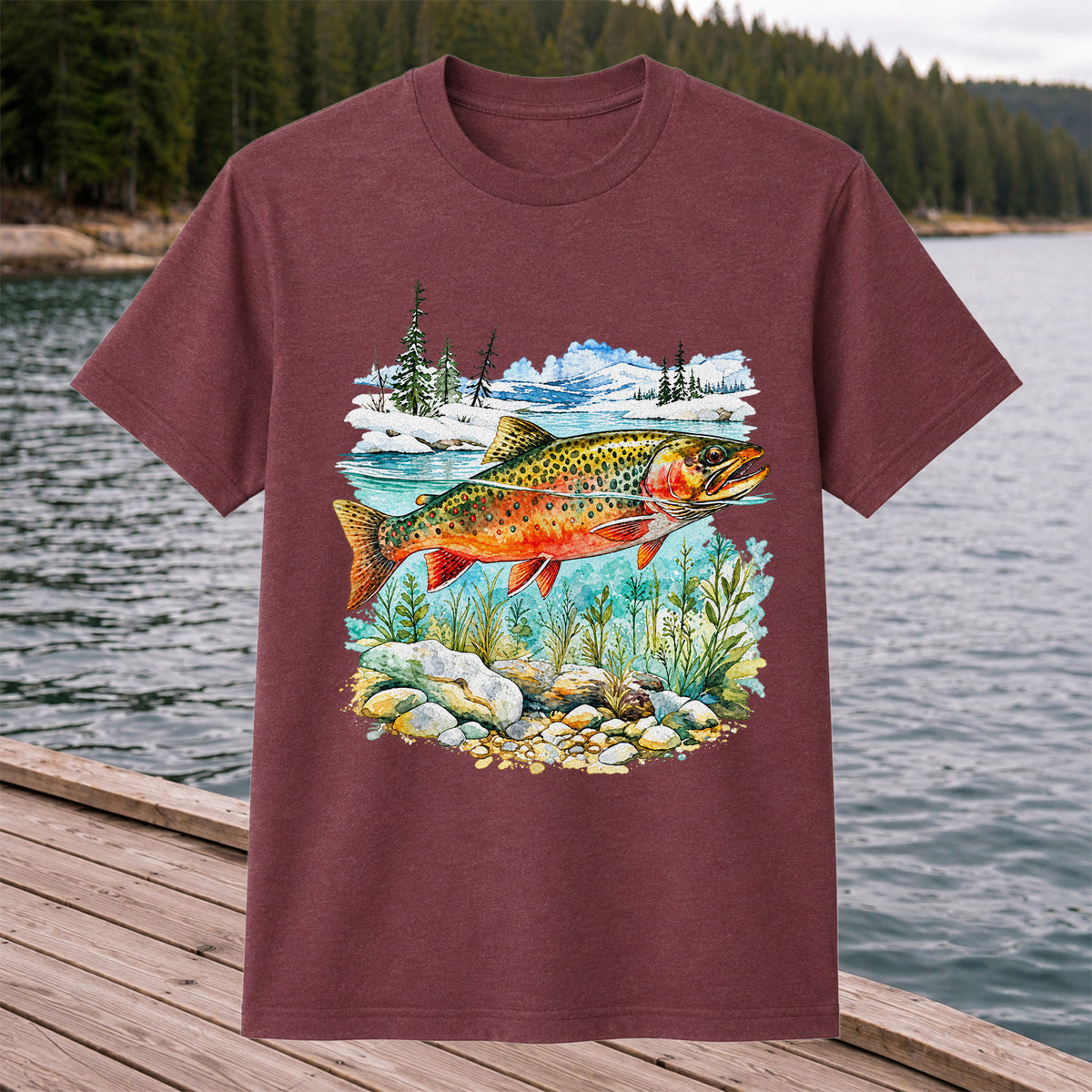 Brown Trout in Mountain River Watercolor Fishing Graphic T-Shirt