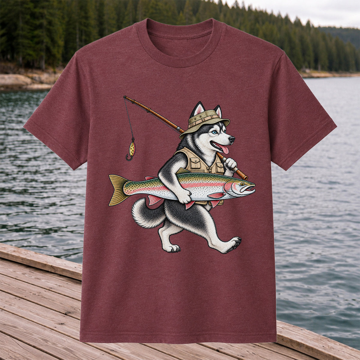 Husky Holding Rainbow Trout Fishing Graphic T-Shirt