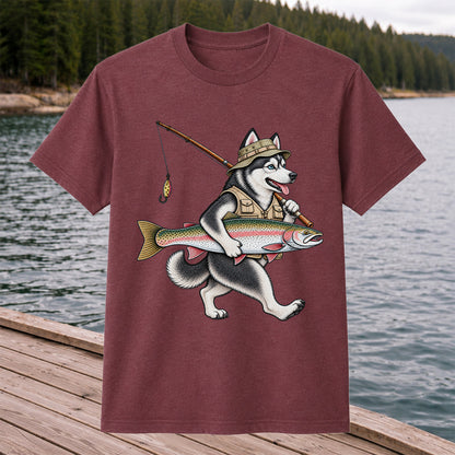 Husky Holding Rainbow Trout Fishing Graphic T-Shirt