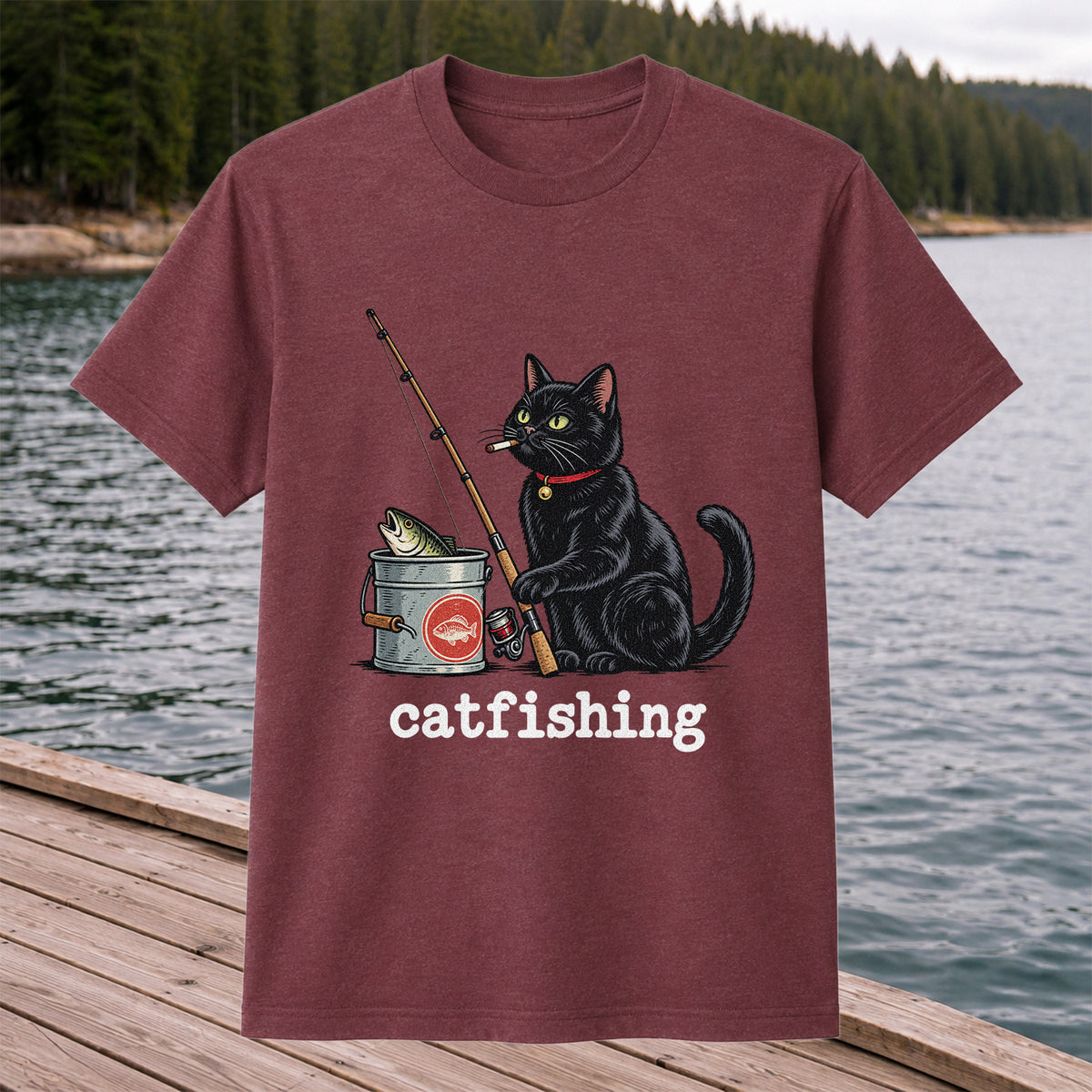 Catfishing Funny Black Cat with Fishing Rod Graphic T-Shirt