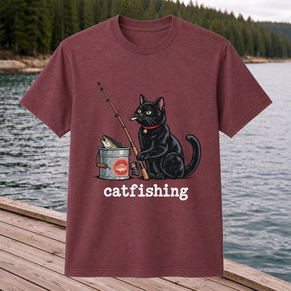 Catfishing Funny Black Cat with Fishing Rod Graphic T-Shirt