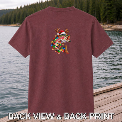 Christmas Rainbow Trout with Santa Hat, Antlers and Holiday Lights Fishing T-Shirt | Back Print