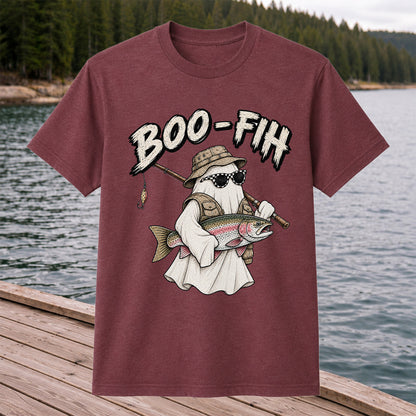 Boo-Fish Ghost Holding Rainbow Trout Fishing Graphic T-Shirt