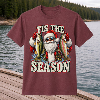 Tis the Season Santa Holding Bass and Rainbow Trout Christmas Fishing T-Shirt