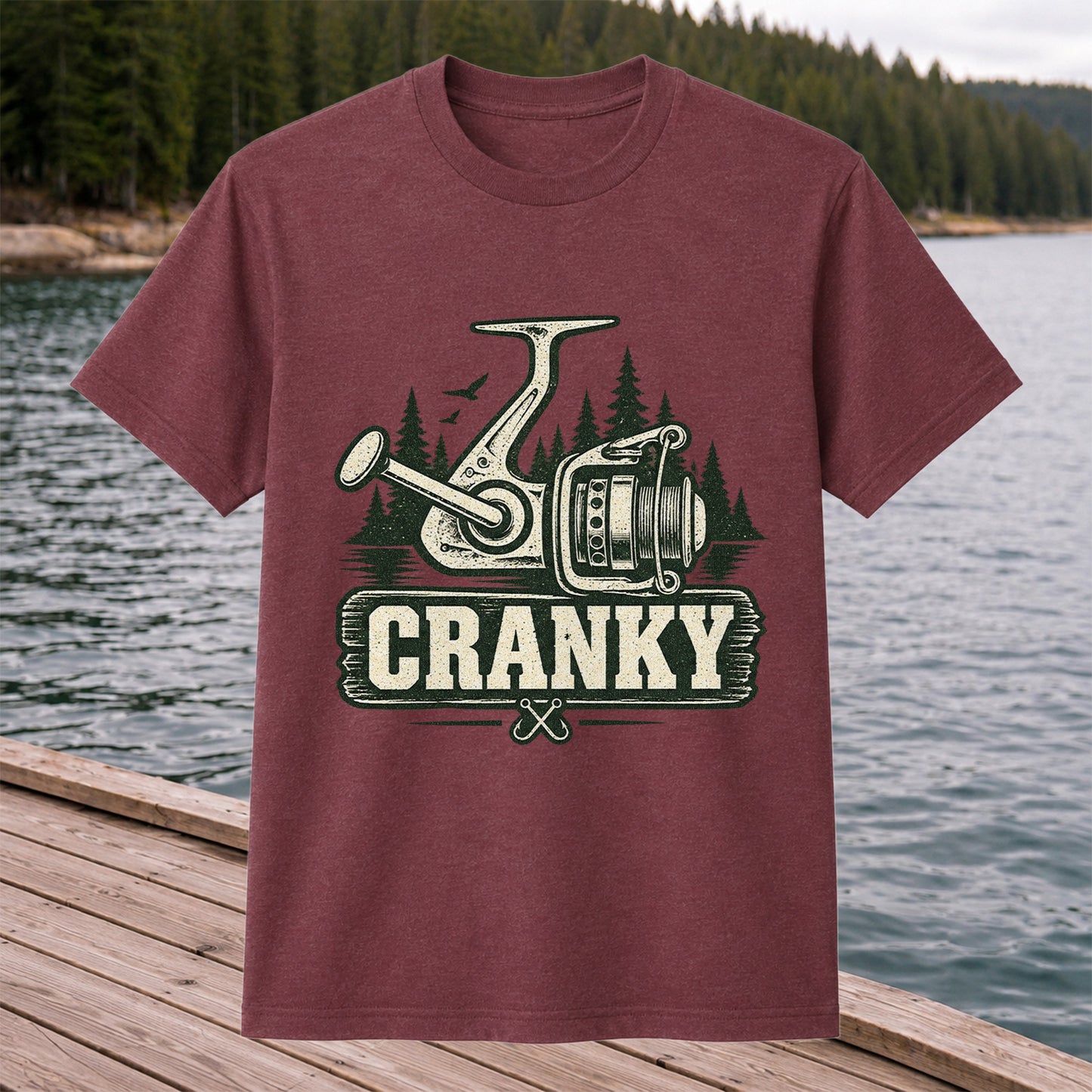 Cranky Vintage Spinning Reel Fishing Graphic T-Shirt