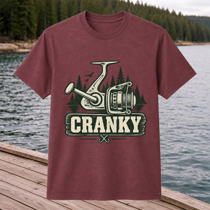 Cranky Vintage Spinning Reel Fishing Graphic T-Shirt