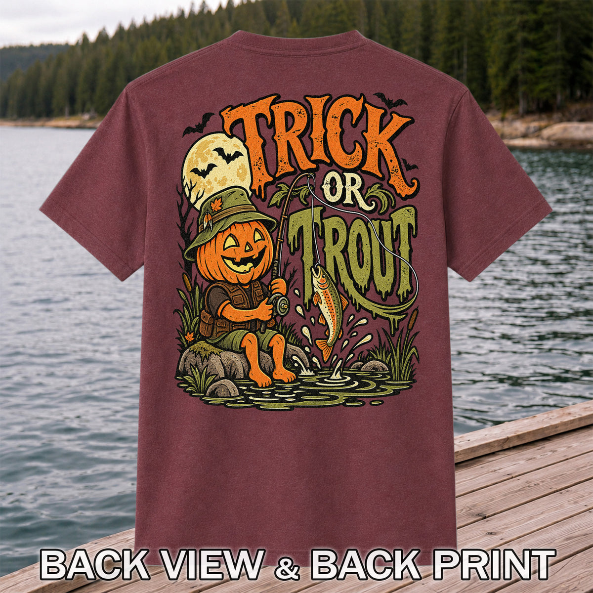 Trick or Trout Pumpkin Angler Halloween Fishing T-Shirt | Back Print