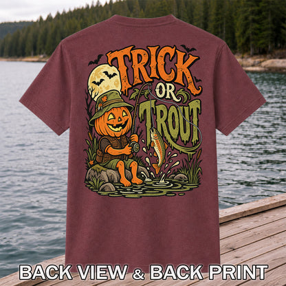 Trick or Trout Pumpkin Angler Halloween Fishing T-Shirt | Back Print