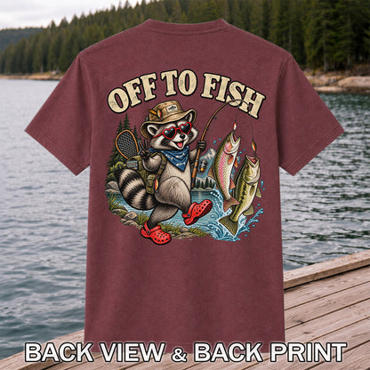 Off to Fish Raccoon with Trout and Bass Fishing T-Shirt | Back Print