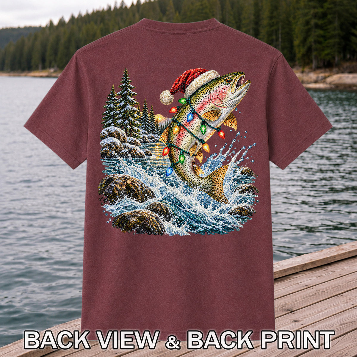 Santa Hat Rainbow Trout Christmas Fishing Graphic T-Shirt | Back Print