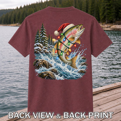 Santa Hat Rainbow Trout Christmas Fishing Graphic T-Shirt | Back Print
